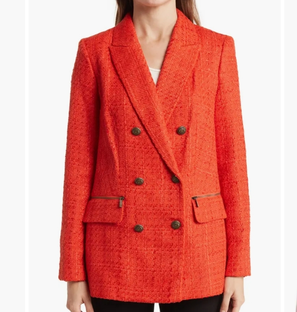 KARL LAGERFELD PARIS ORANGE TWEED DOUBLE BREASTED BLAZER